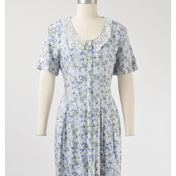 Vintage 90s Light Blue Floral Maxi Dress Lace Collared Long Cottagecore Dress M - Picture 3 of 9